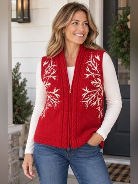 100% Wool VTG Coldwater Creek Holiday Red Zip-Front Embroidered Sweater Vest
